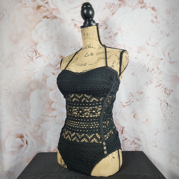 NWOT Black Fishnet One Piece Halter Bathing Suit - Picture 2 of 14